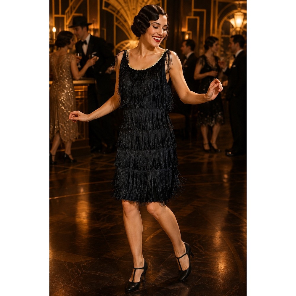 Forum Novelties Black Flapper Fringe Dress 1920s Gatsby Costume Gold Trim XS/S